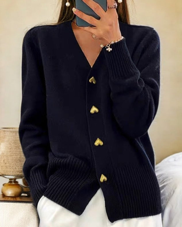Women's Knit Cardigan with V-Neck and Heart Button Front