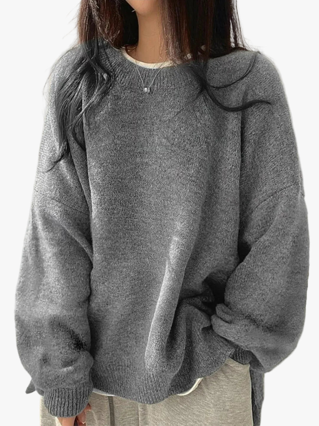Women's Knit Crewneck Sweater with Drop Shoulders and Side Slits