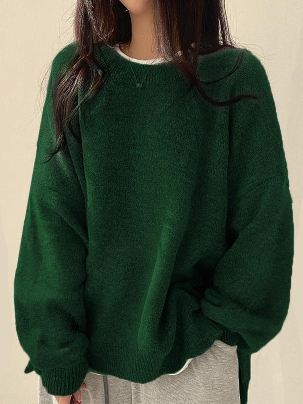 Women's Knit Crewneck Sweater with Drop Shoulders and Side Slits