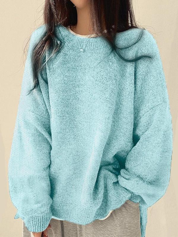 Women's Knit Crewneck Sweater with Drop Shoulders and Side Slits
