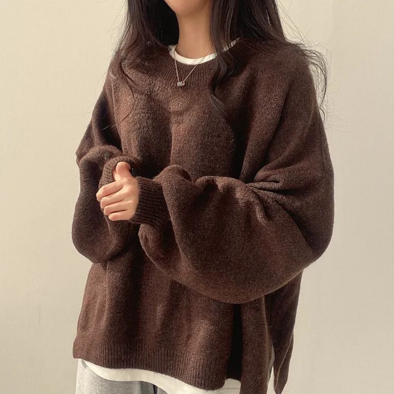 Women's Knit Crewneck Sweater with Drop Shoulders and Side Slits