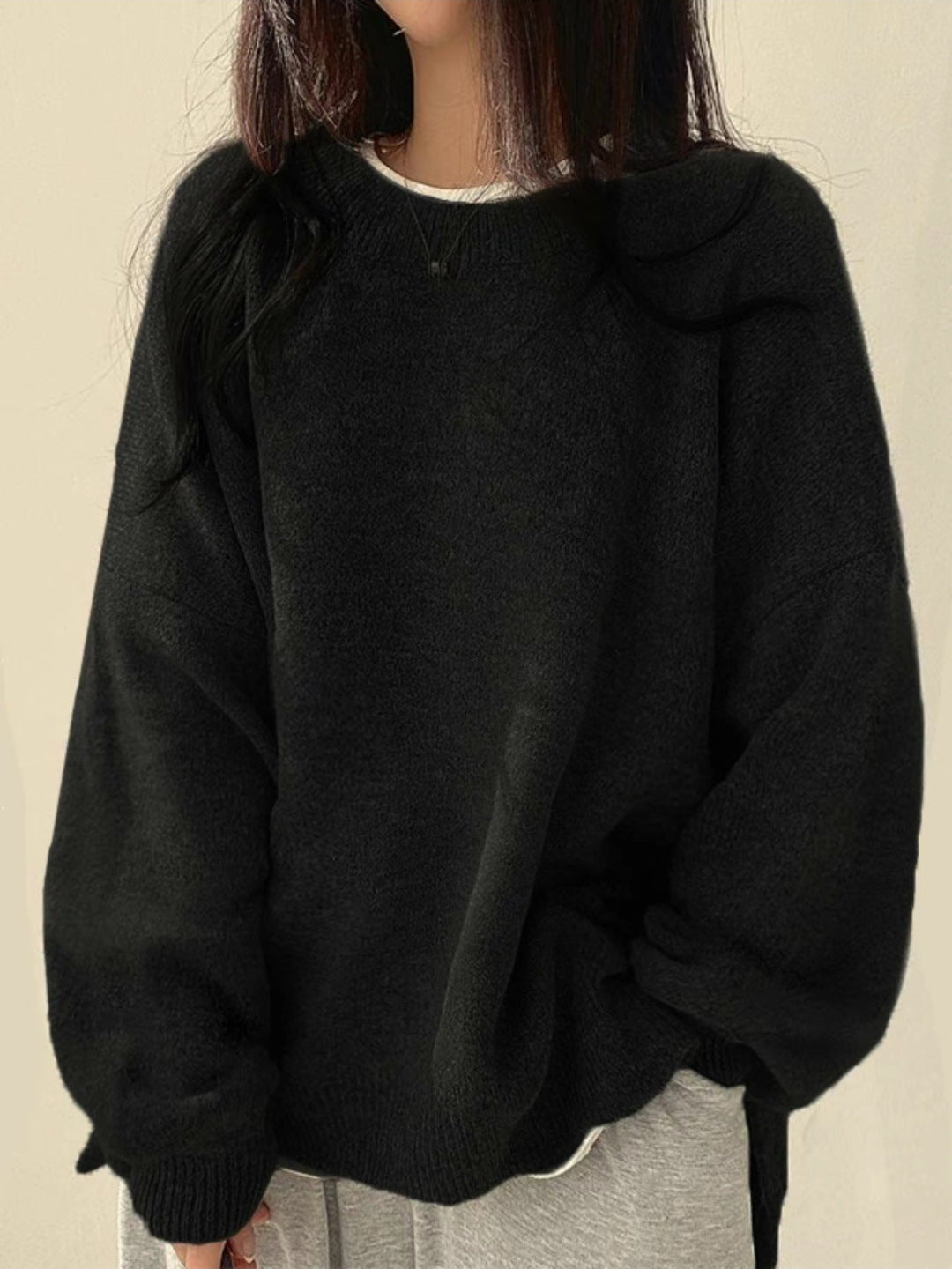 Women's Knit Crewneck Sweater with Drop Shoulders and Side Slits