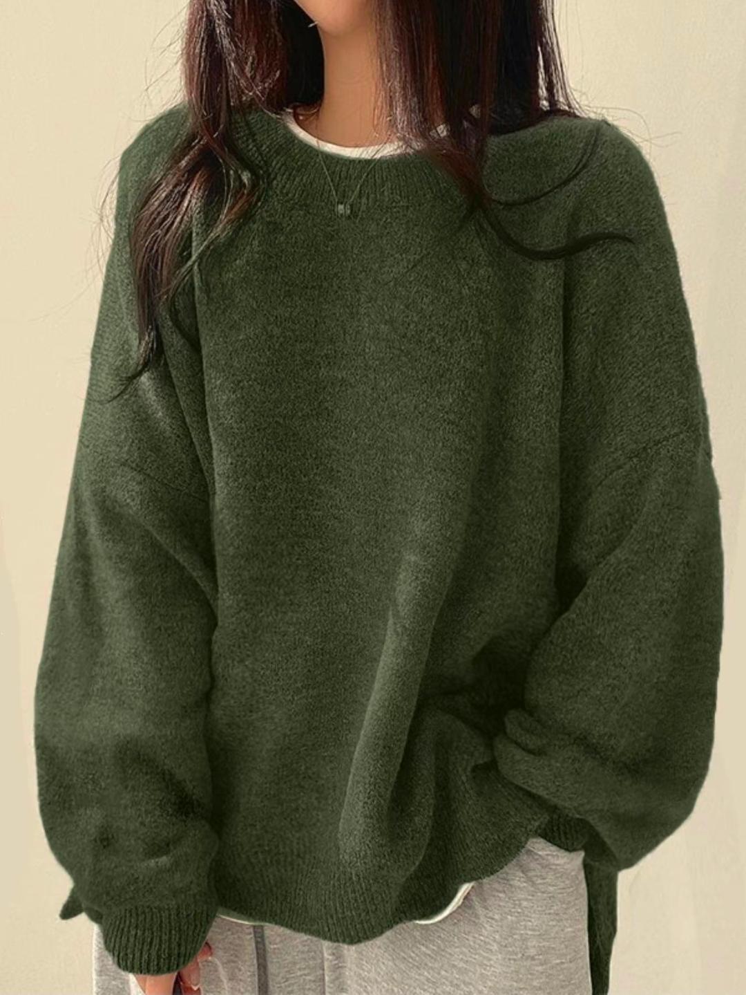 Women's Knit Crewneck Sweater with Drop Shoulders and Side Slits