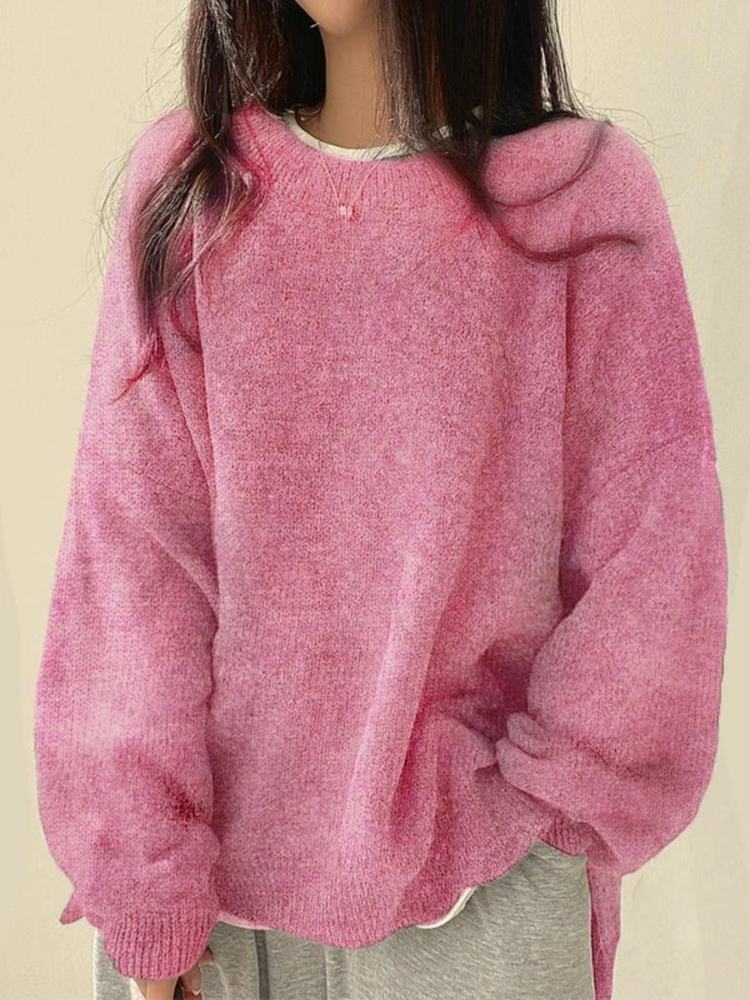 Women's Knit Crewneck Sweater with Drop Shoulders and Side Slits