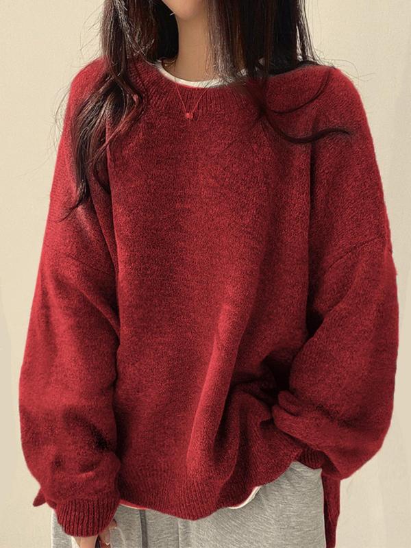 Women's Knit Crewneck Sweater with Drop Shoulders and Side Slits