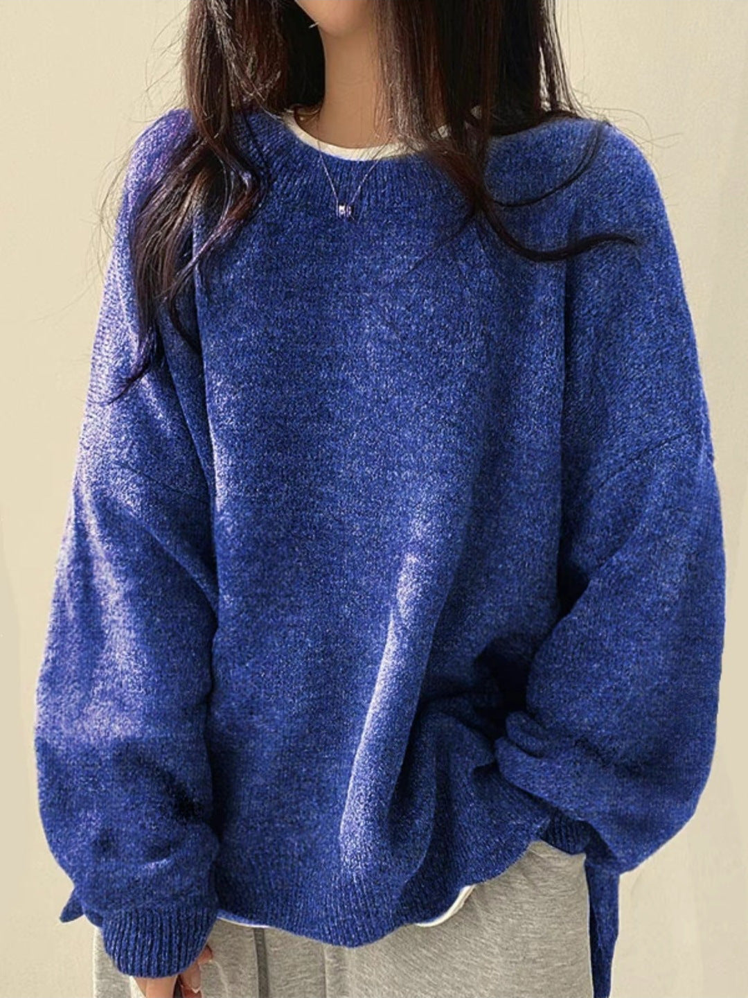 Women's Knit Crewneck Sweater with Drop Shoulders and Side Slits