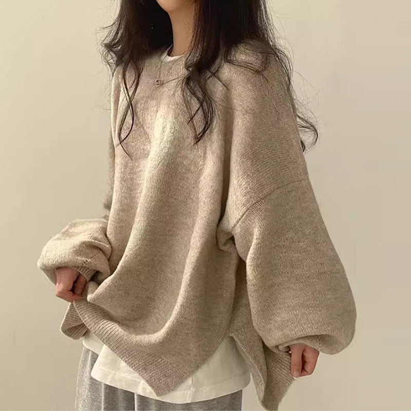 Women's Knit Crewneck Sweater with Drop Shoulders and Side Slits