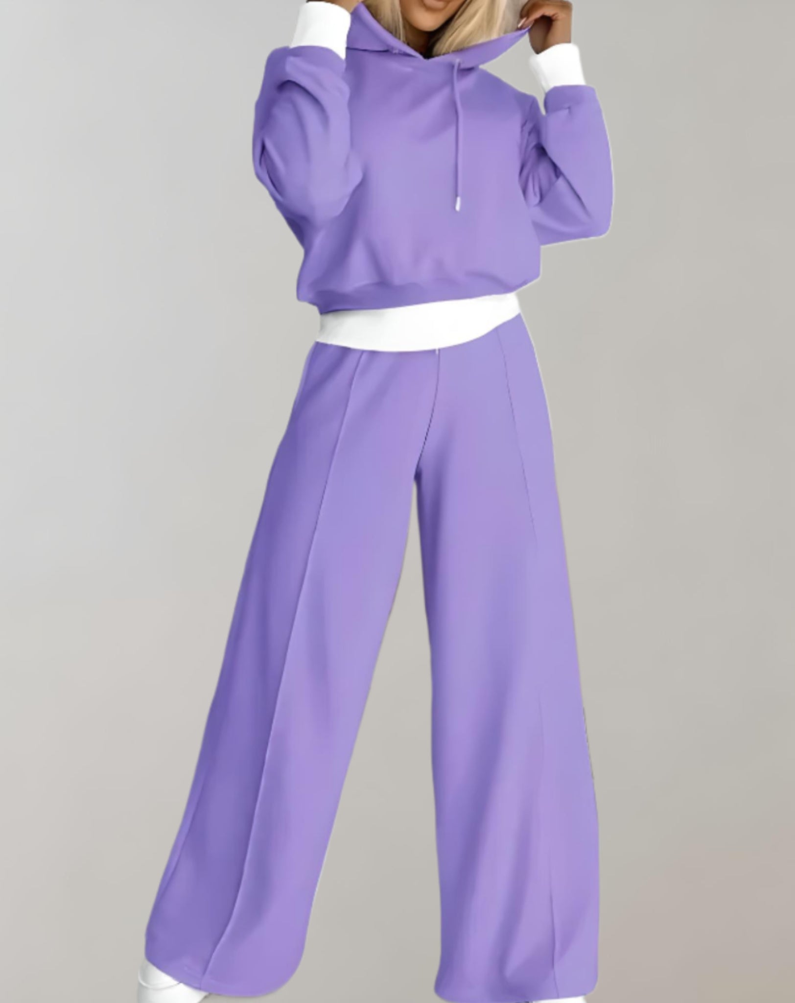 Women's Knit Hoodie Set with Drawcord Hood and Wide-Leg Pants