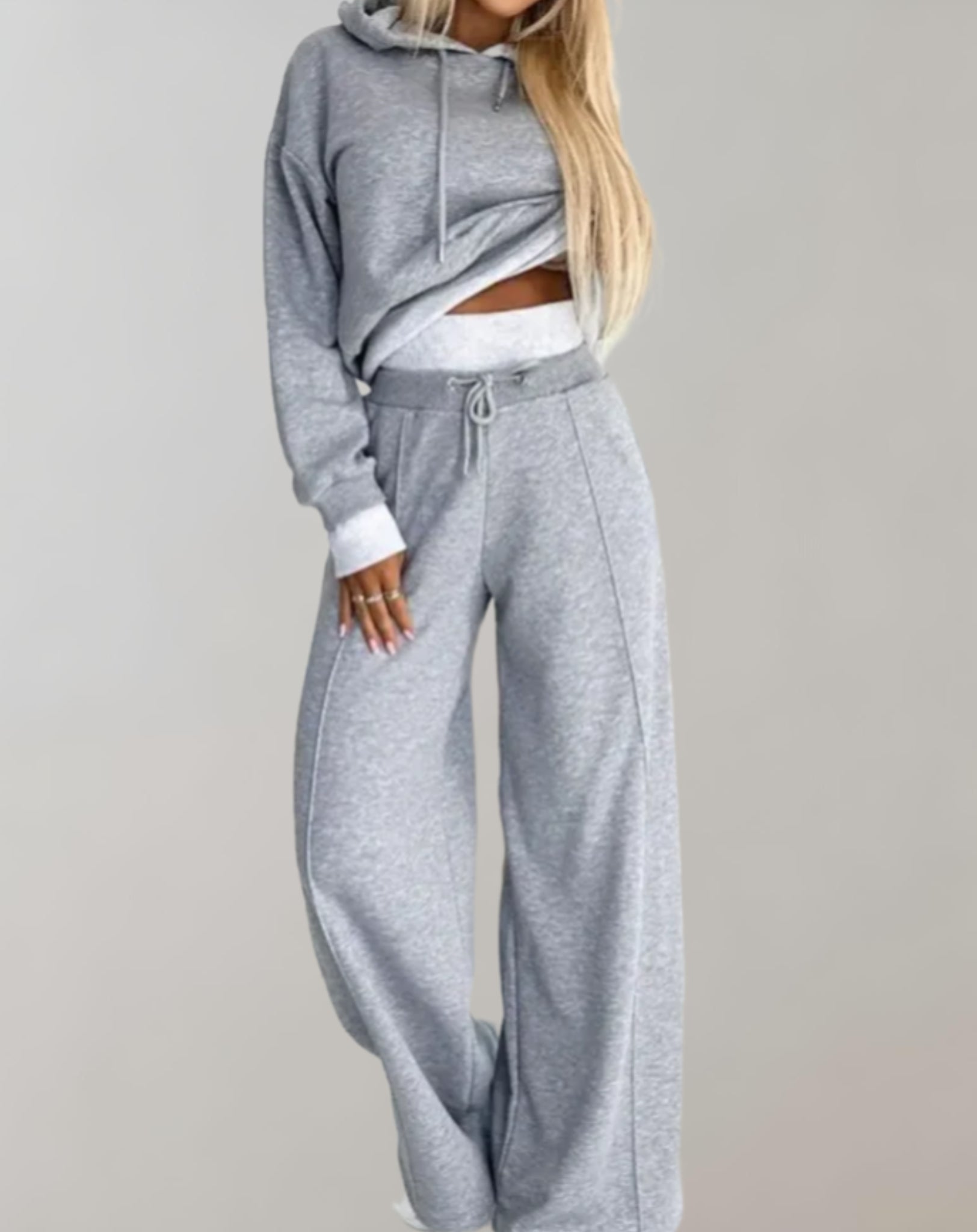 Women's Knit Hoodie Set with Drawcord Hood and Wide-Leg Pants