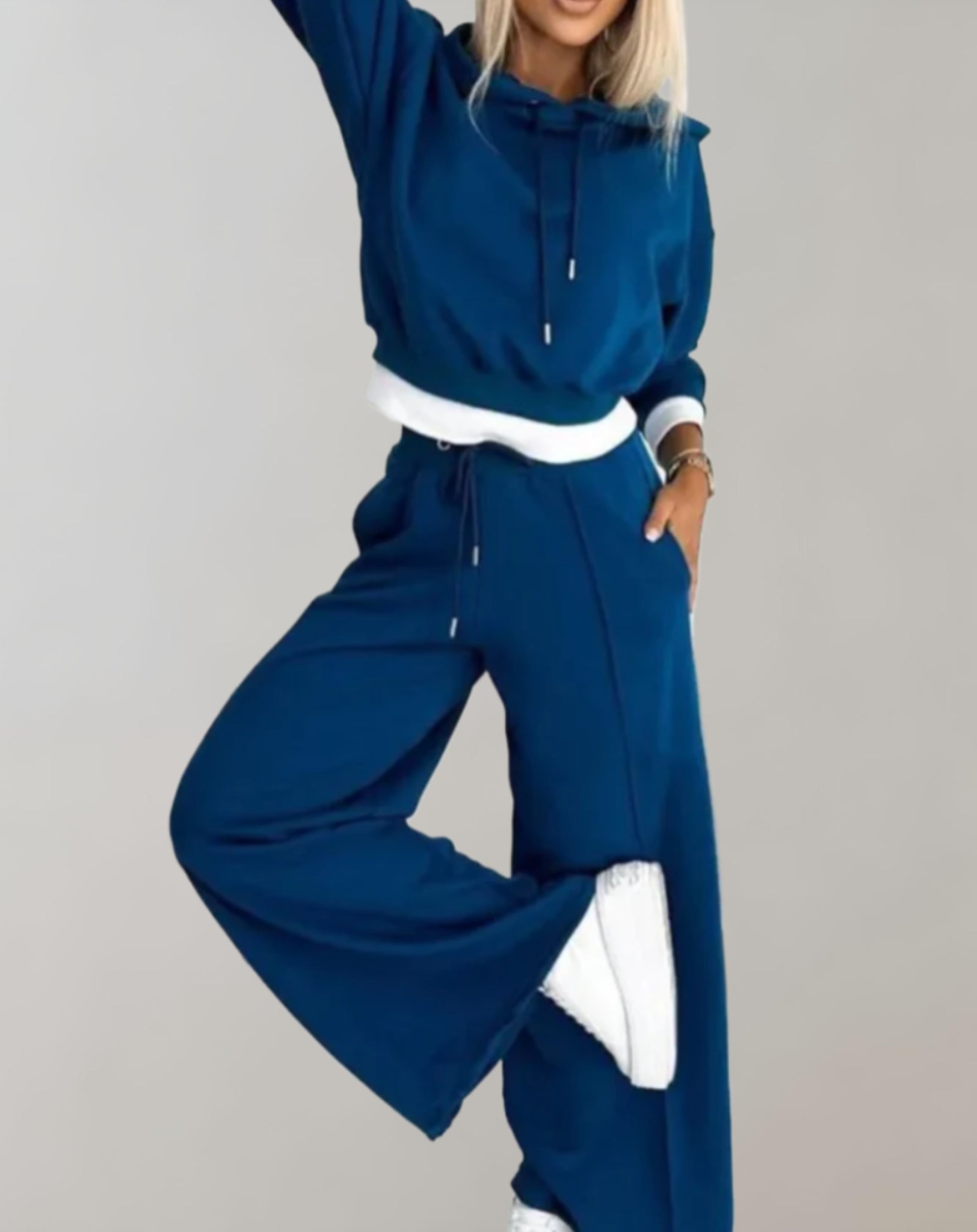 Women's Knit Hoodie Set with Drawcord Hood and Wide-Leg Pants