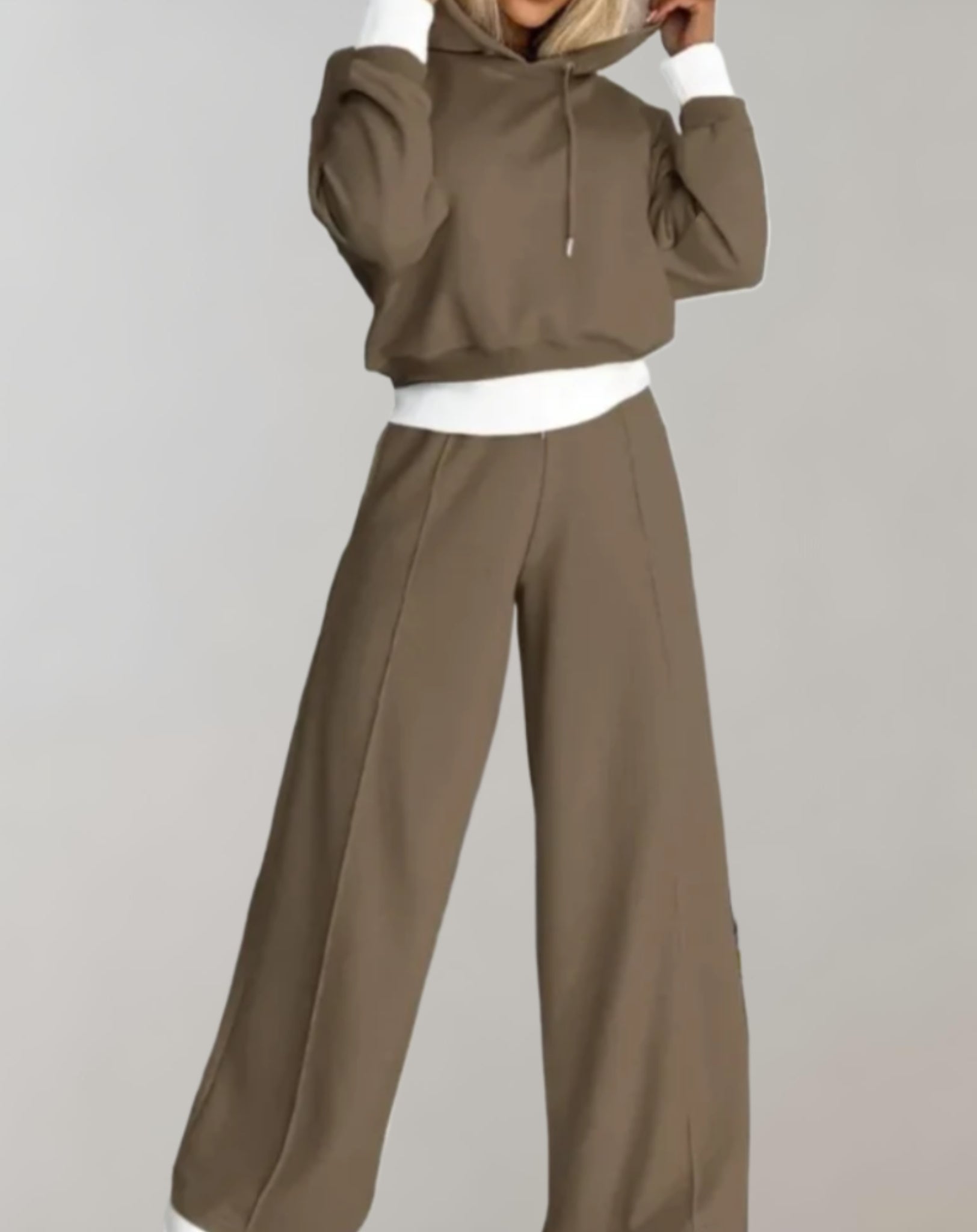 Women's Knit Hoodie Set with Drawcord Hood and Wide-Leg Pants
