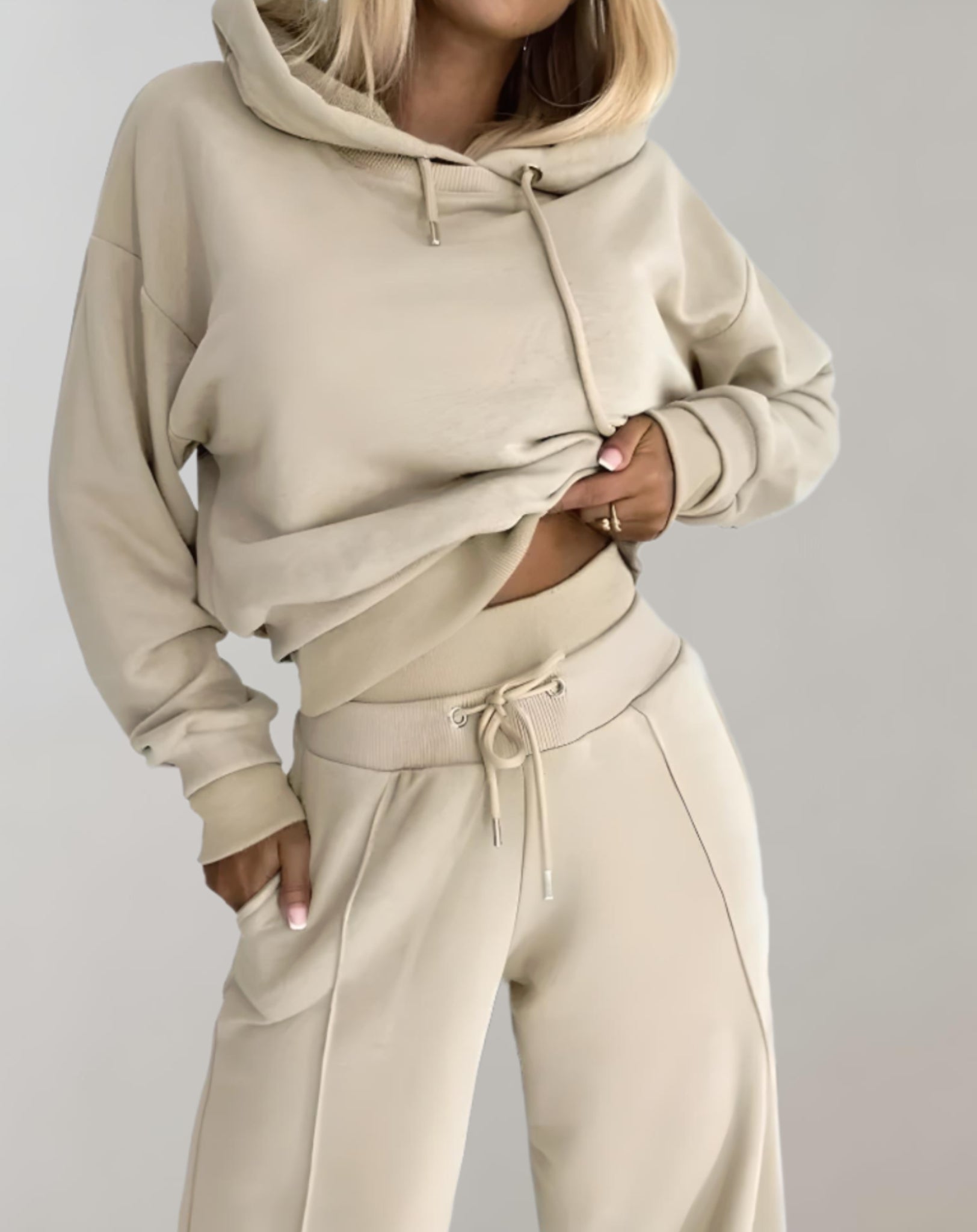 Women's Knit Hoodie Set with Drawcord Hood and Wide-Leg Pants
