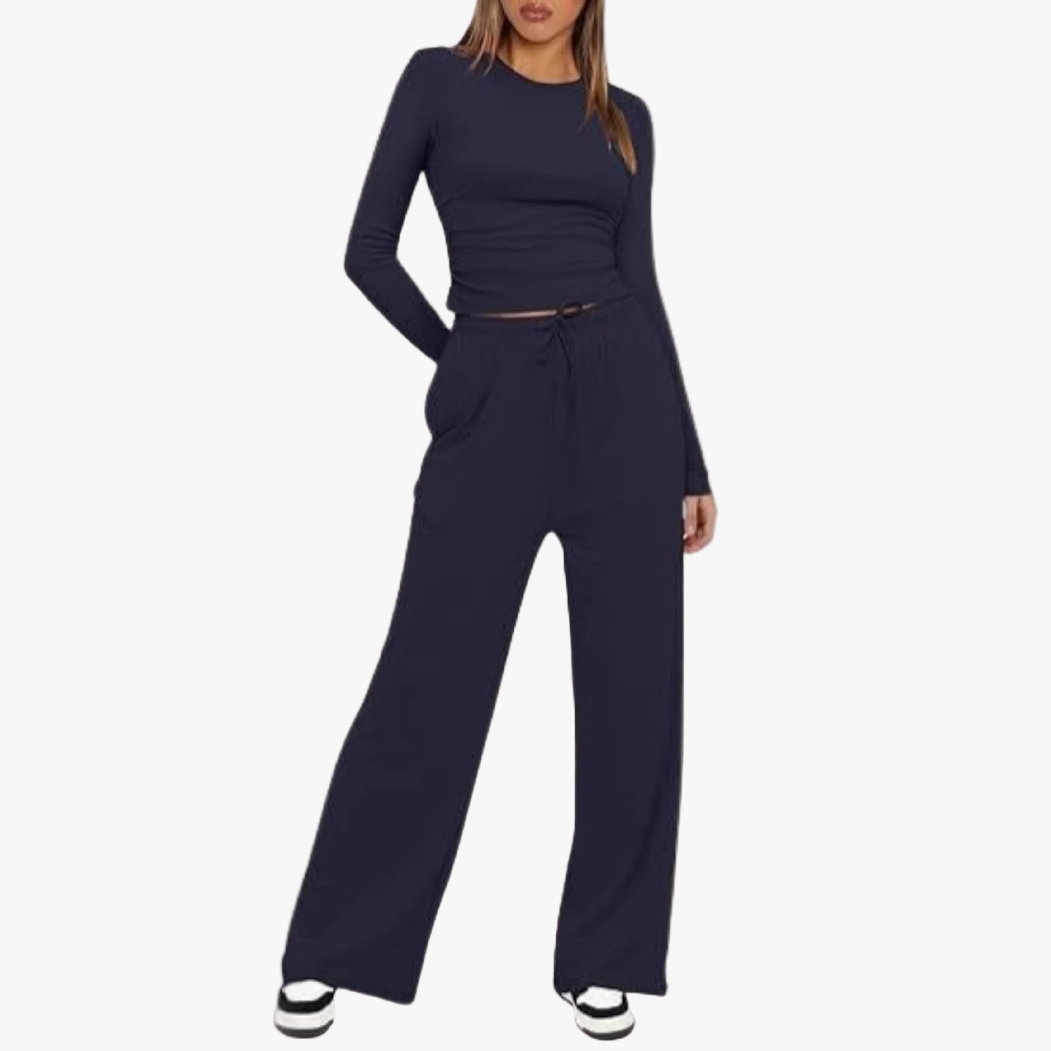Women's Knit Loungewear Set with Crew Neck and Drawstring Pants