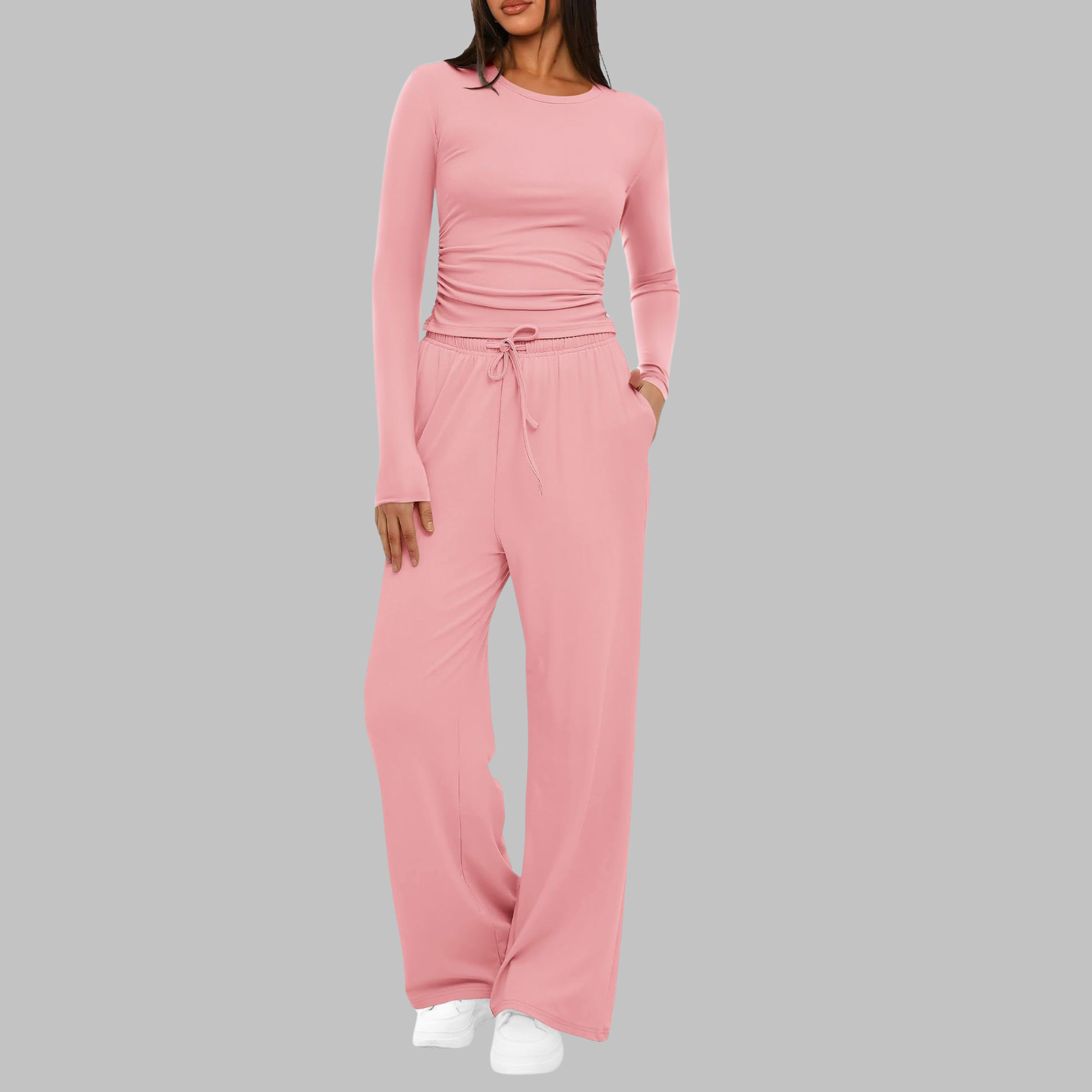 Women's Knit Loungewear Set with Crew Neck and Drawstring Pants