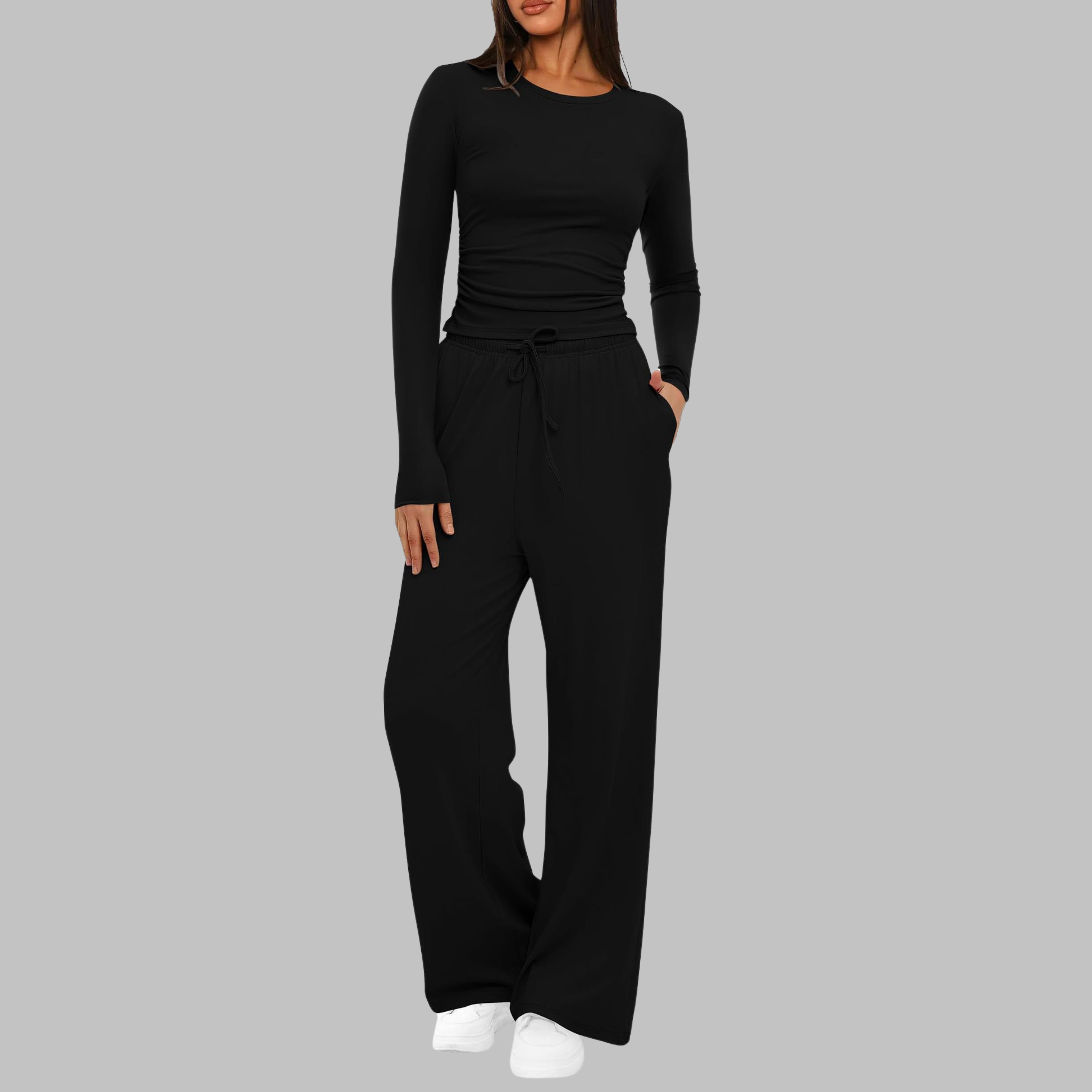 Women's Knit Loungewear Set with Crew Neck and Drawstring Pants