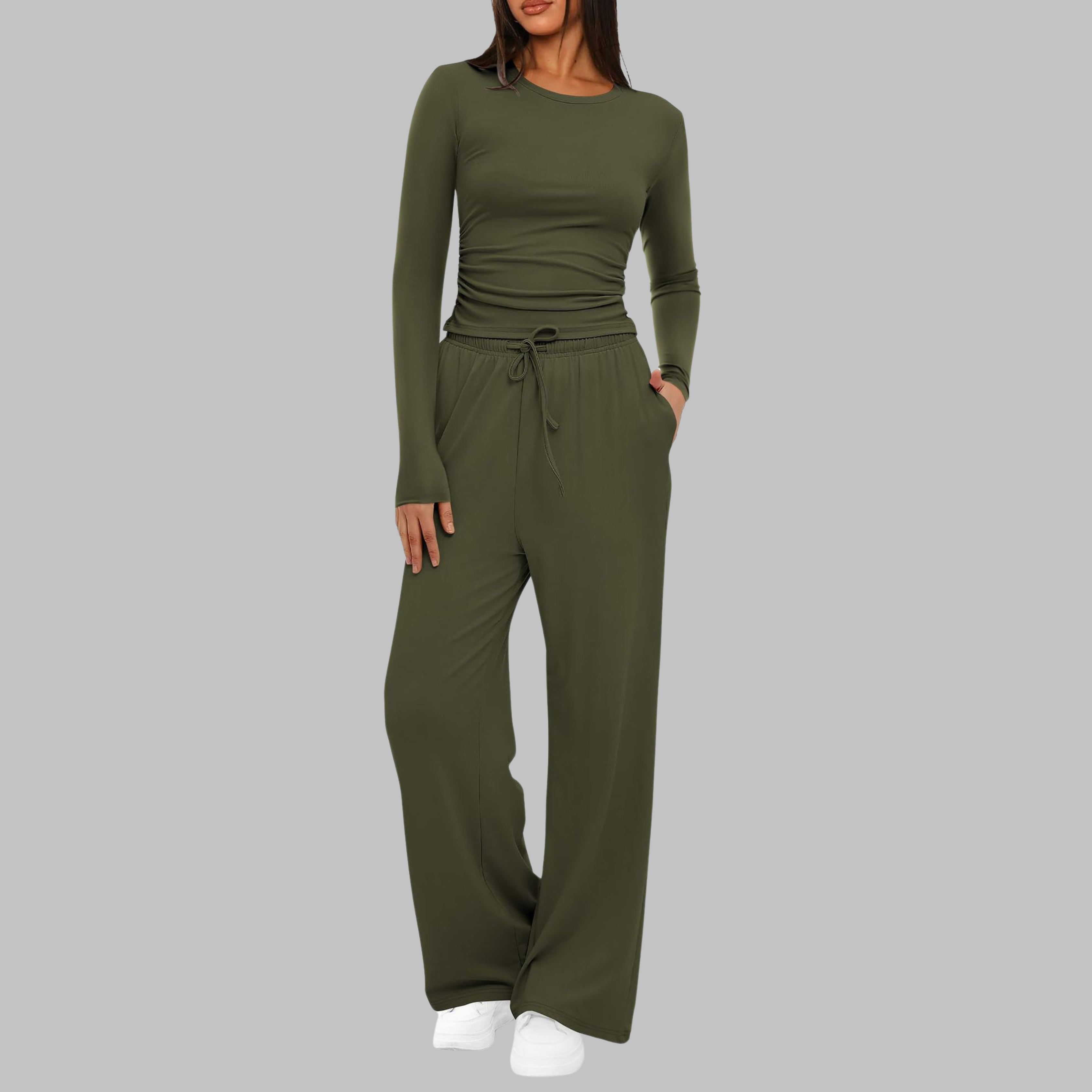 Women's Knit Loungewear Set with Crew Neck and Drawstring Pants
