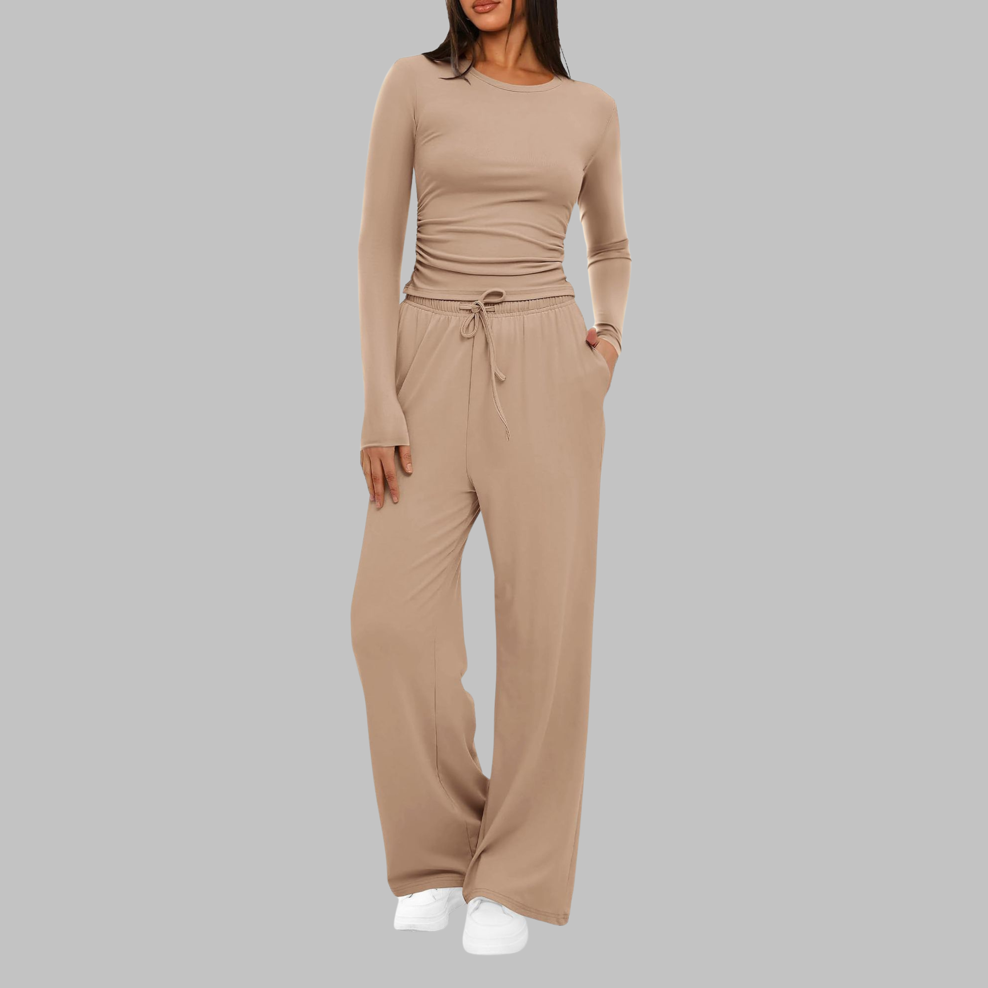 Women's Knit Loungewear Set with Crew Neck and Drawstring Pants