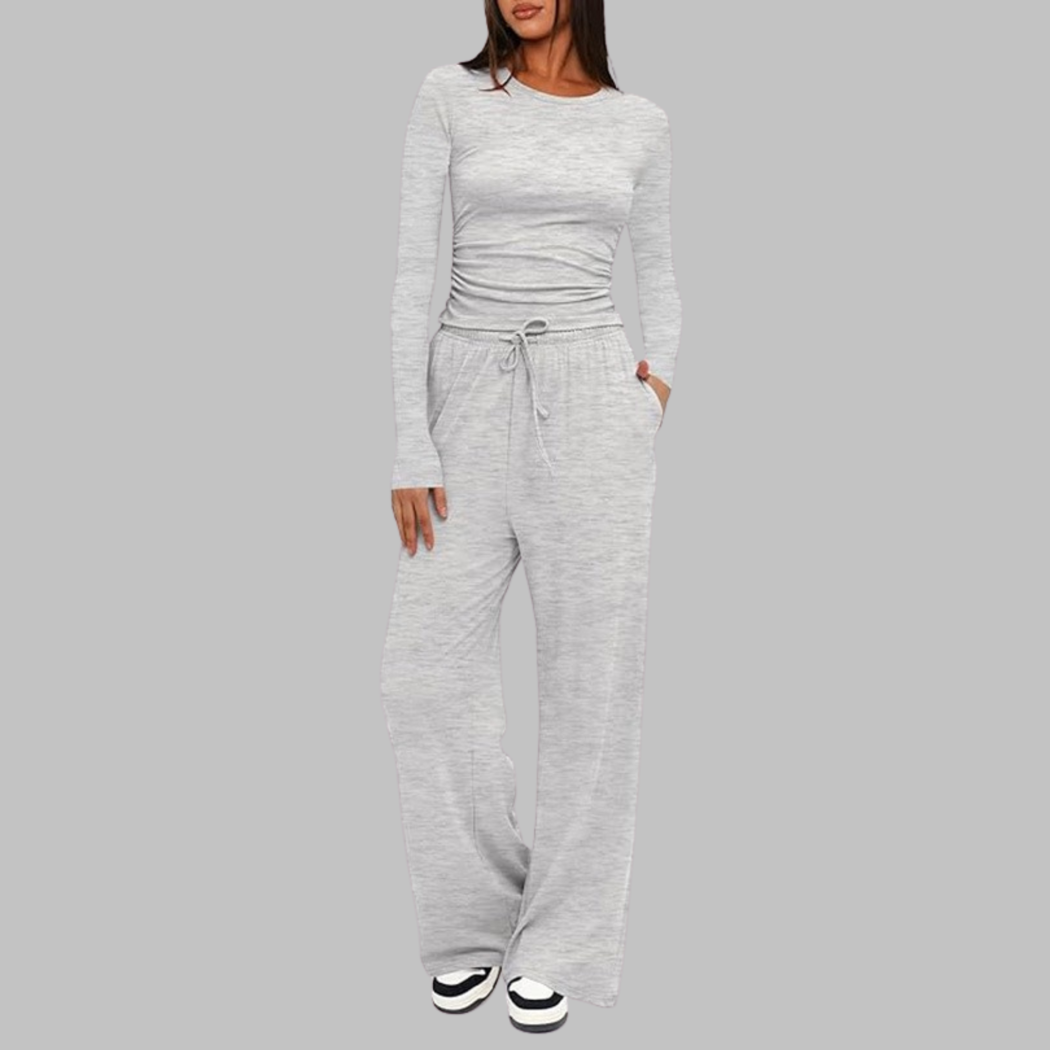 Women's Knit Loungewear Set with Crew Neck and Drawstring Pants