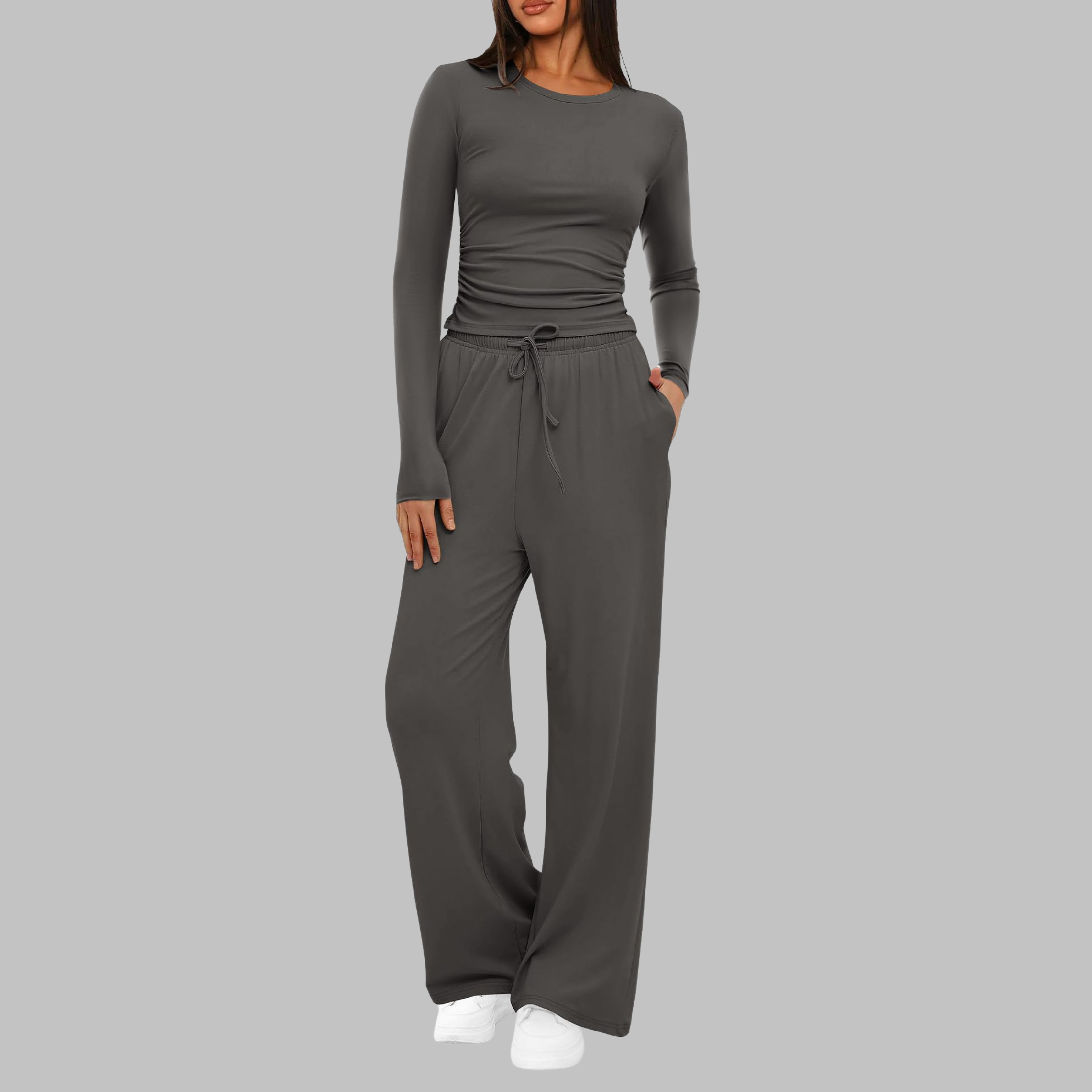 Women's Knit Loungewear Set with Crew Neck and Drawstring Pants