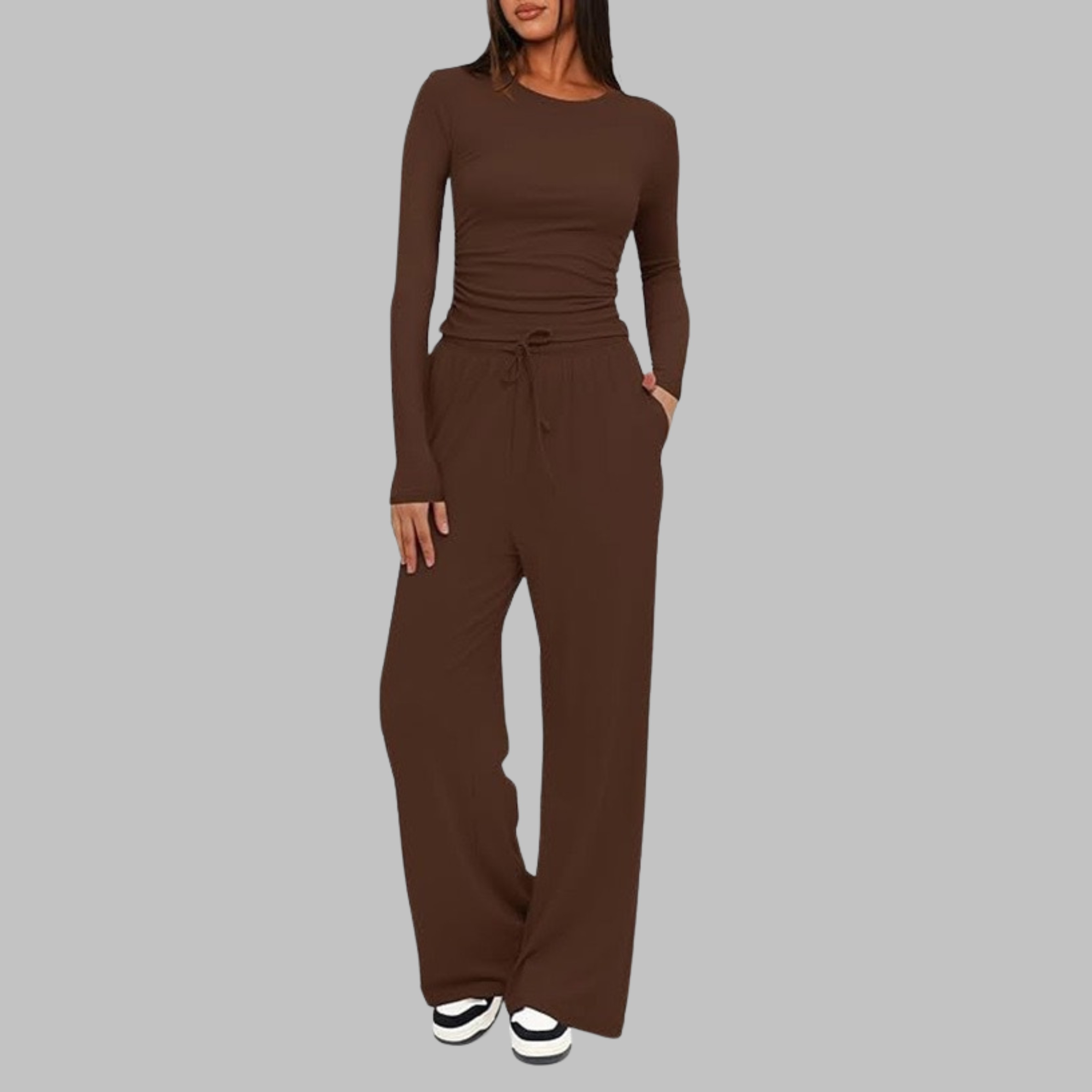 Women's Knit Loungewear Set with Crew Neck and Drawstring Pants