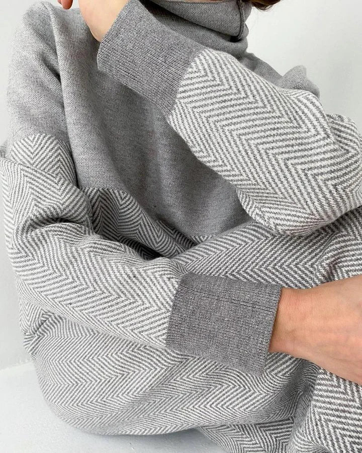 Women's Knit Loungewear Set with Turtleneck and Herringbone Panels