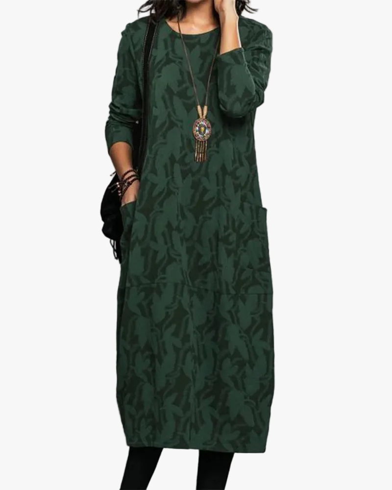 Women's Knit Maxi Dress with Leaf Pattern and Patch Pockets