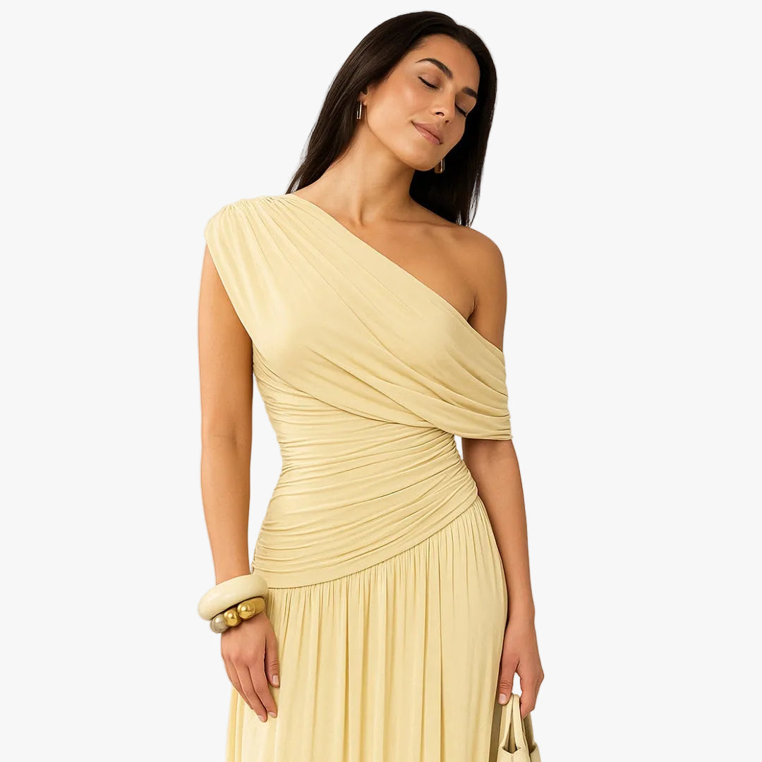 Women's Knit Maxi Dress with One-Shoulder Neckline and Ruching