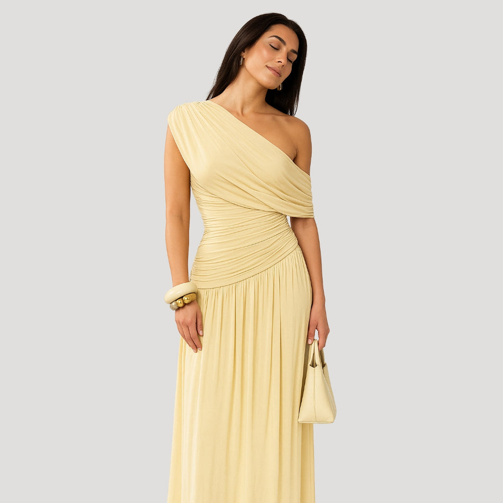Women's Knit Maxi Dress with One-Shoulder Neckline and Ruching