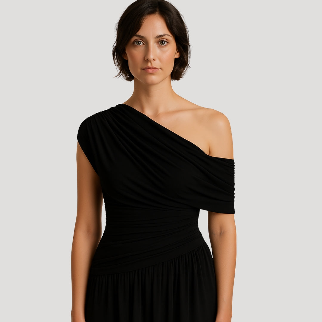 Women's Knit Maxi Dress with One-Shoulder Neckline and Ruching