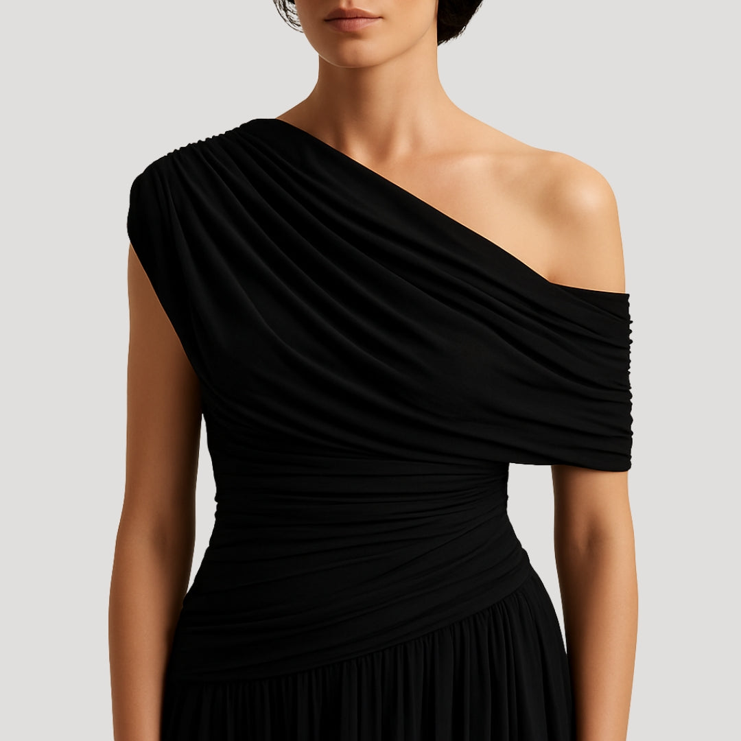 Women's Knit Maxi Dress with One-Shoulder Neckline and Ruching