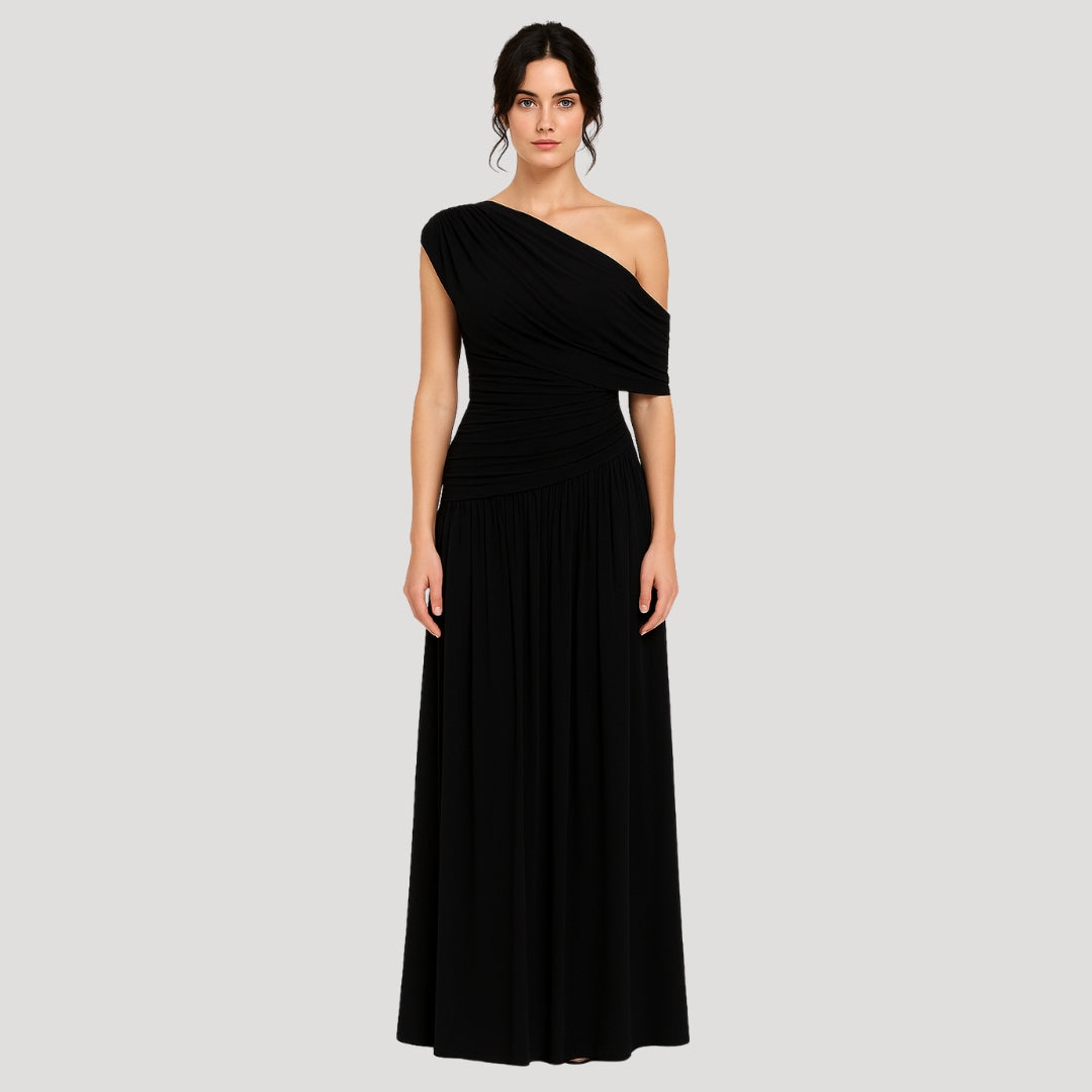 Women's Knit Maxi Dress with One-Shoulder Neckline and Ruching