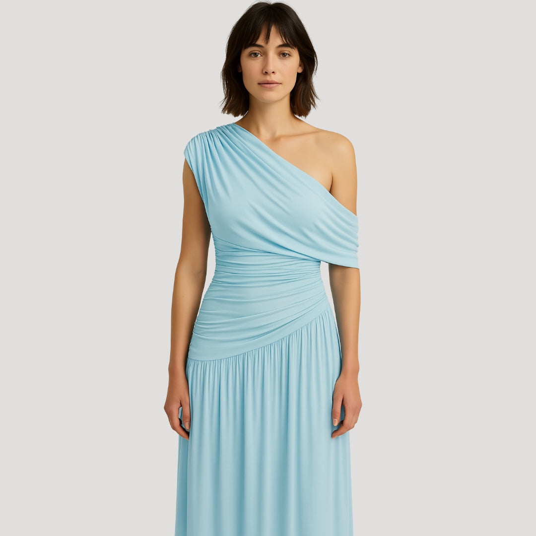 Women's Knit Maxi Dress with One-Shoulder Neckline and Ruching