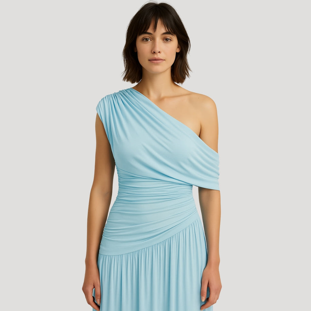 Women's Knit Maxi Dress with One-Shoulder Neckline and Ruching