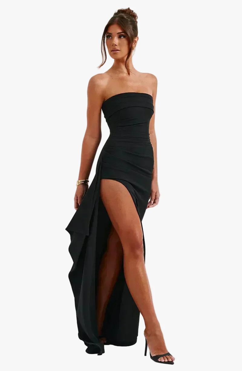 Women's Knit Maxi Dress with Strapless Bodice and Side Slit