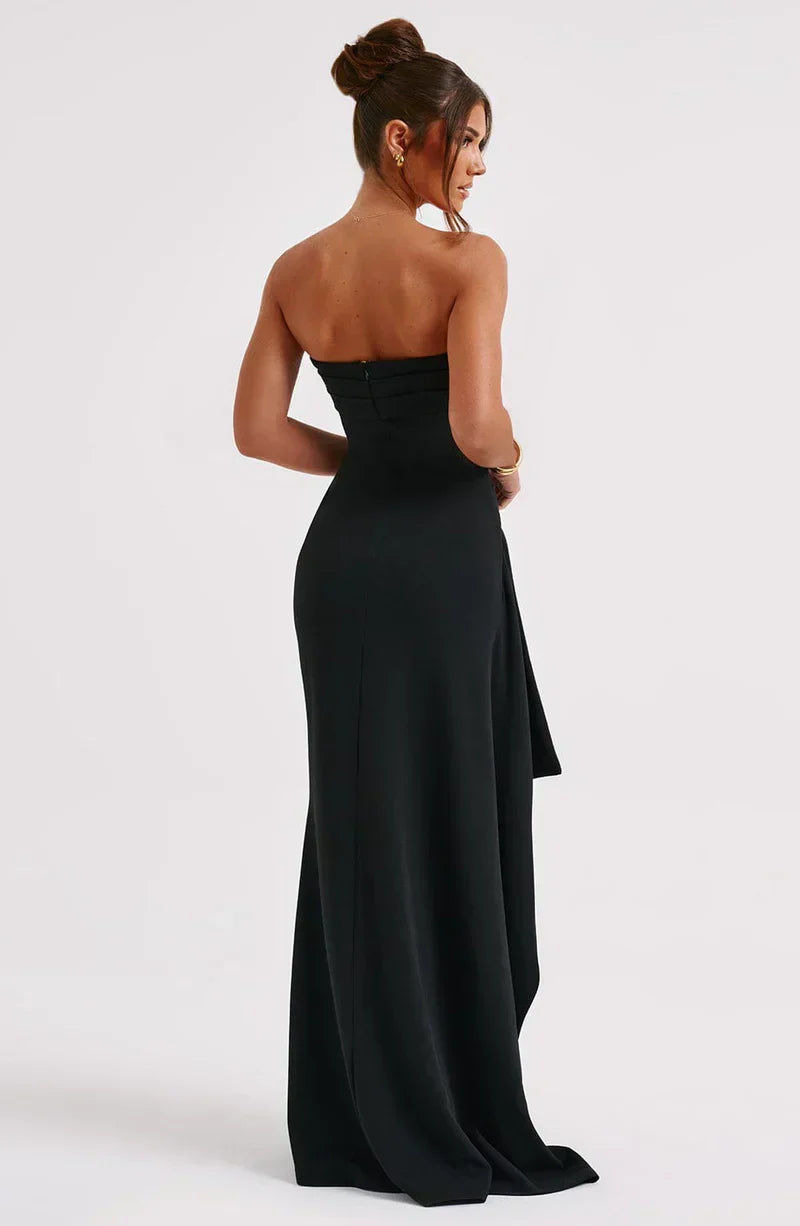Women's Knit Maxi Dress with Strapless Bodice and Side Slit