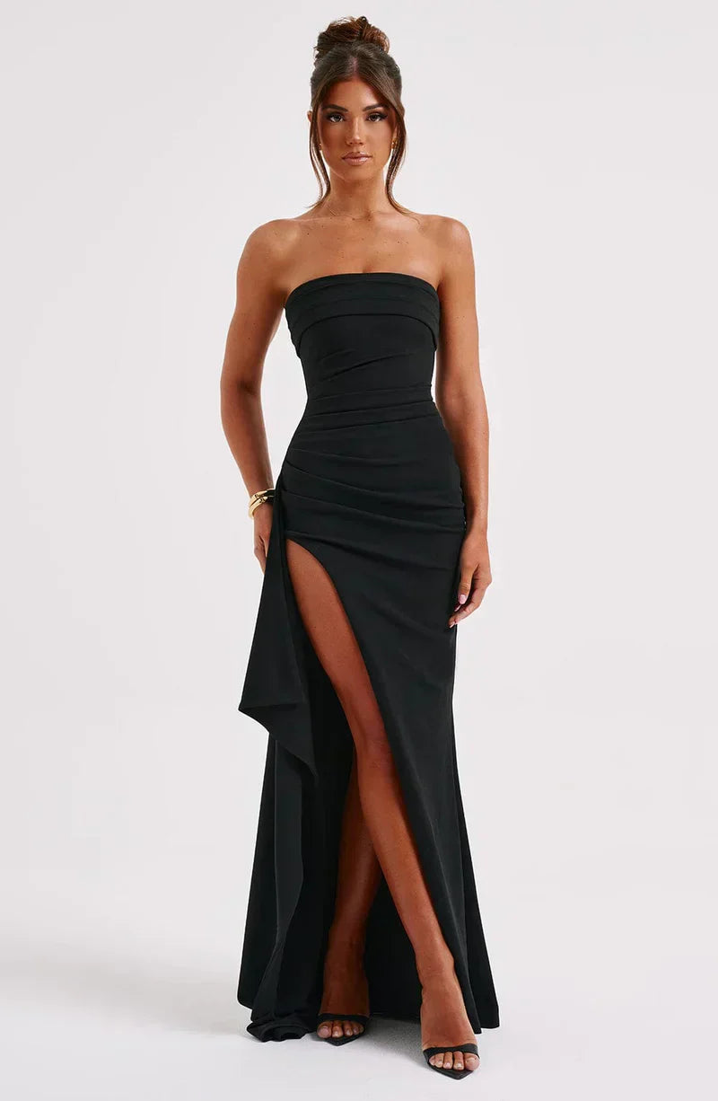Women's Knit Maxi Dress with Strapless Bodice and Side Slit