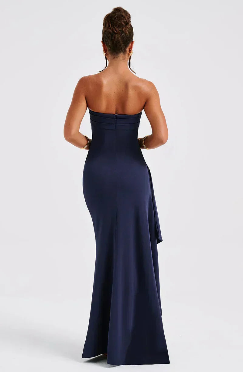 Women's Knit Maxi Dress with Strapless Bodice and Side Slit