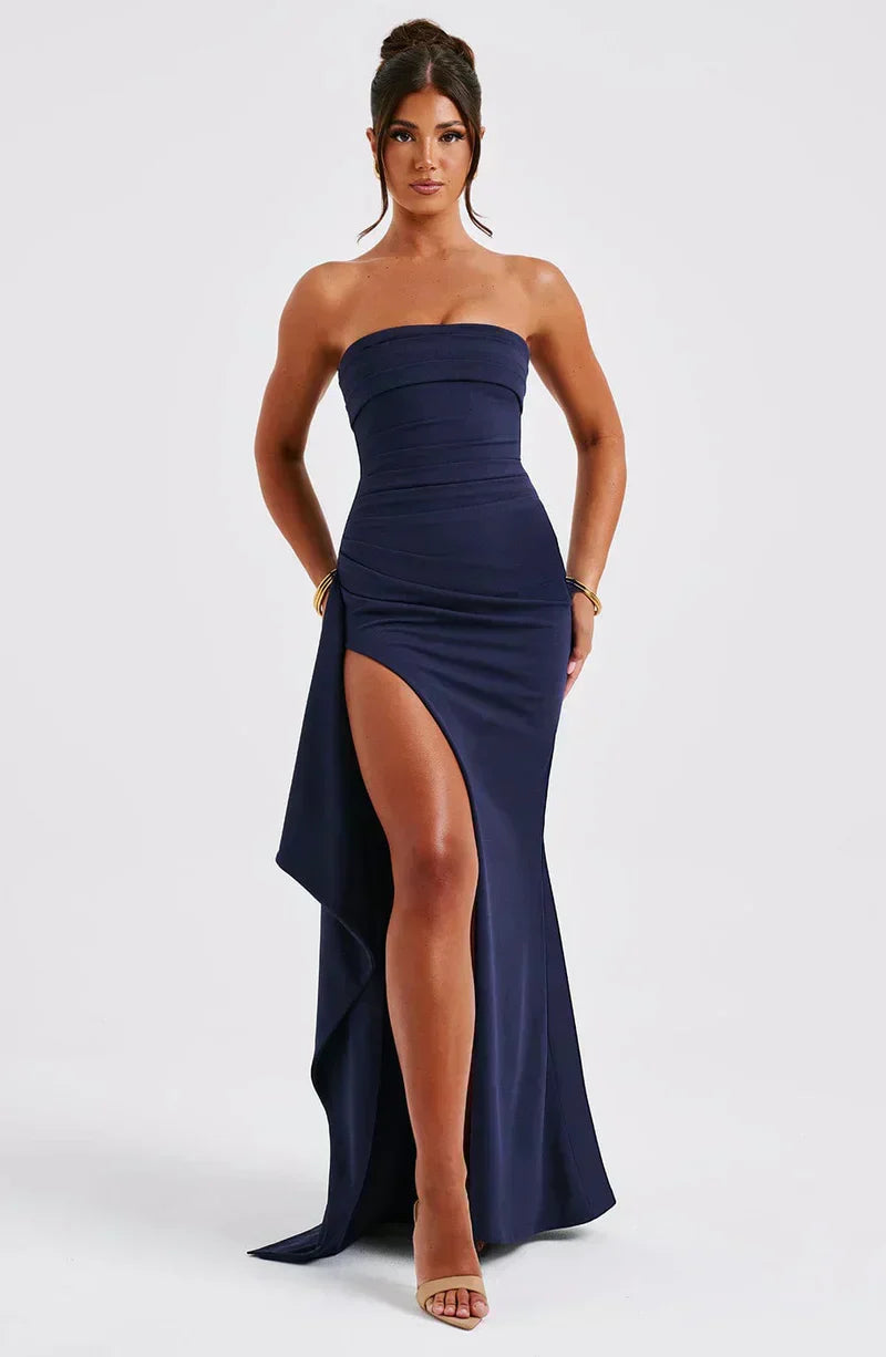 Women's Knit Maxi Dress with Strapless Bodice and Side Slit