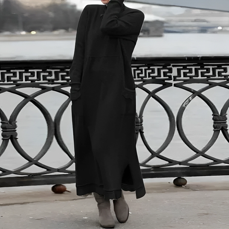 Women's Knit Maxi Dress with Turtleneck and Patch Pockets