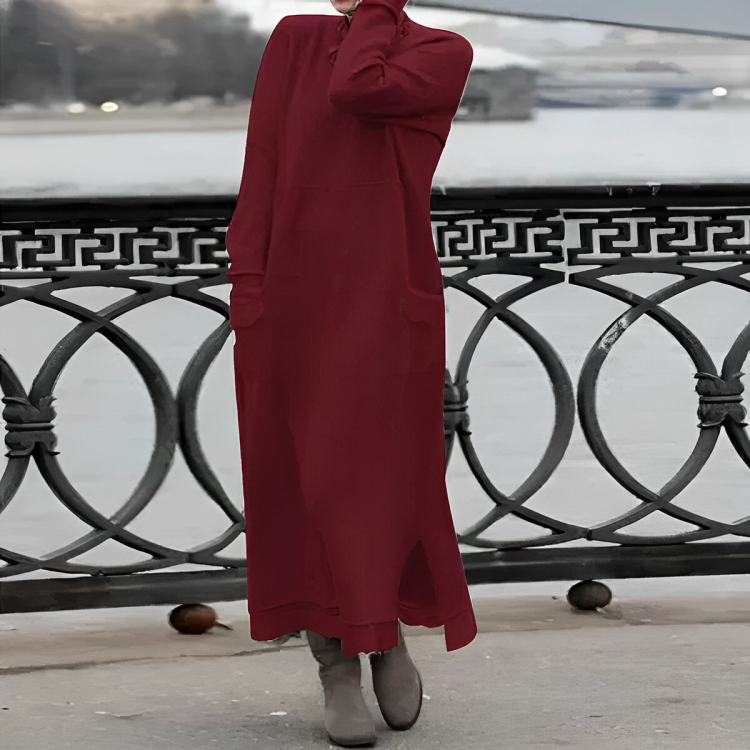 Women's Knit Maxi Dress with Turtleneck and Patch Pockets