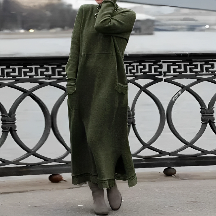 Women's Knit Maxi Dress with Turtleneck and Patch Pockets