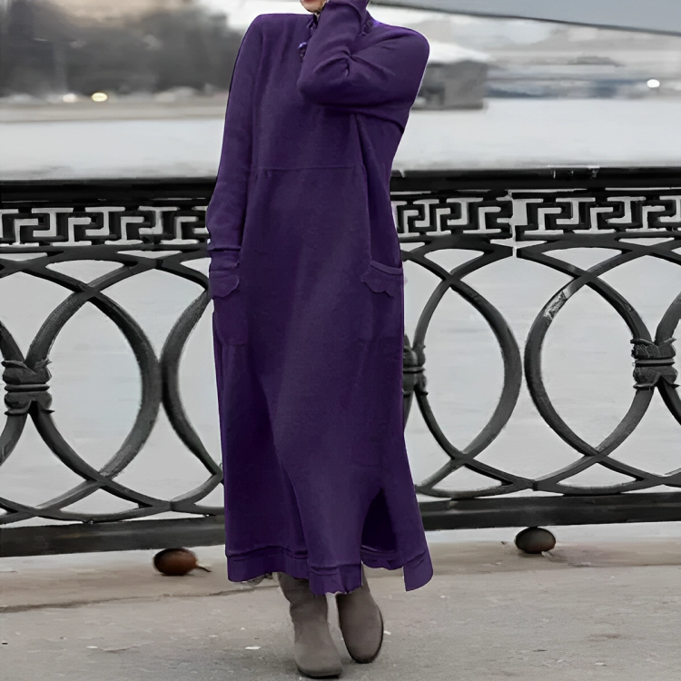 Women's Knit Maxi Dress with Turtleneck and Patch Pockets
