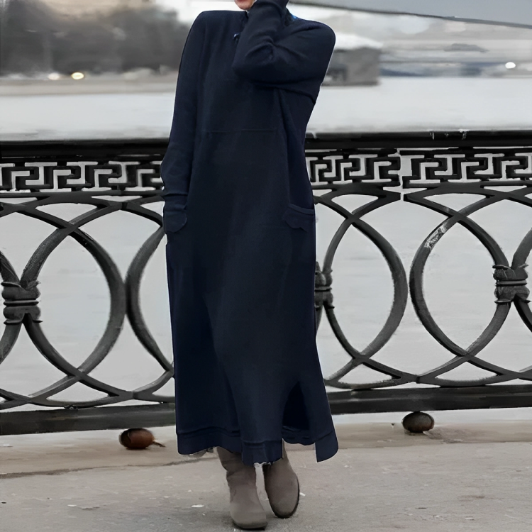 Women's Knit Maxi Dress with Turtleneck and Patch Pockets