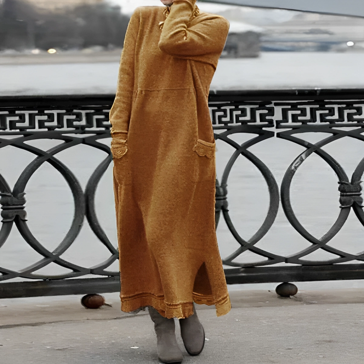 Women's Knit Maxi Dress with Turtleneck and Patch Pockets