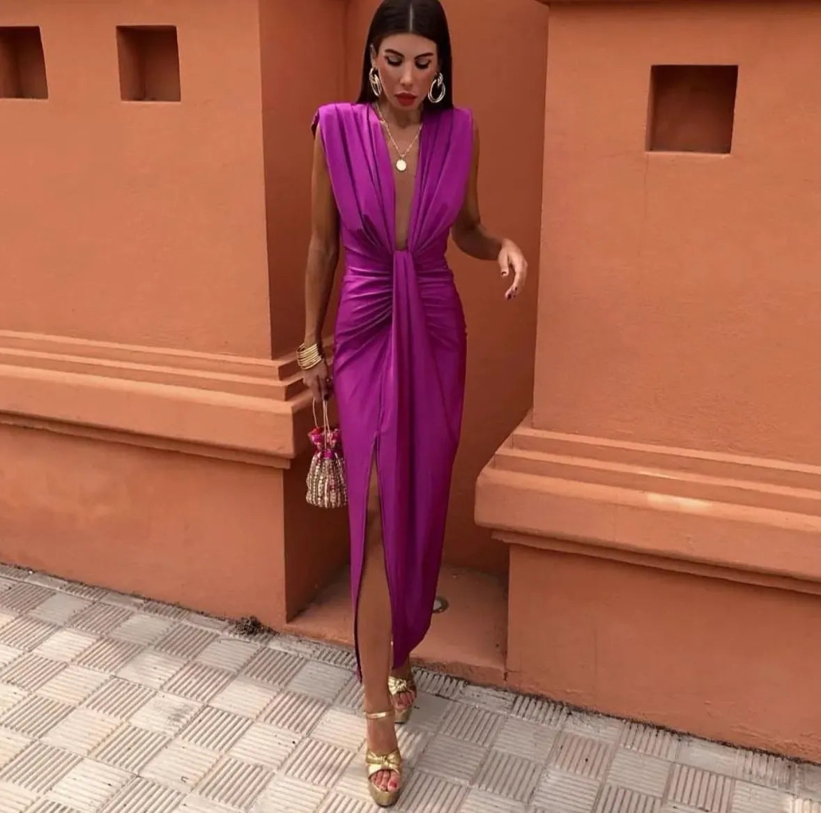 Women's Knit Midi Dress with Front Knot and Hem Slit