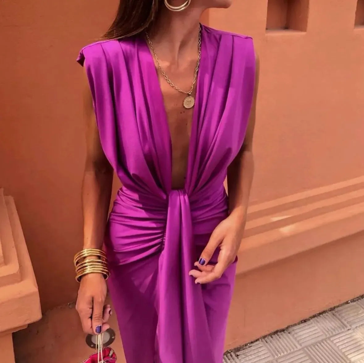 Women's Knit Midi Dress with Front Knot and Hem Slit