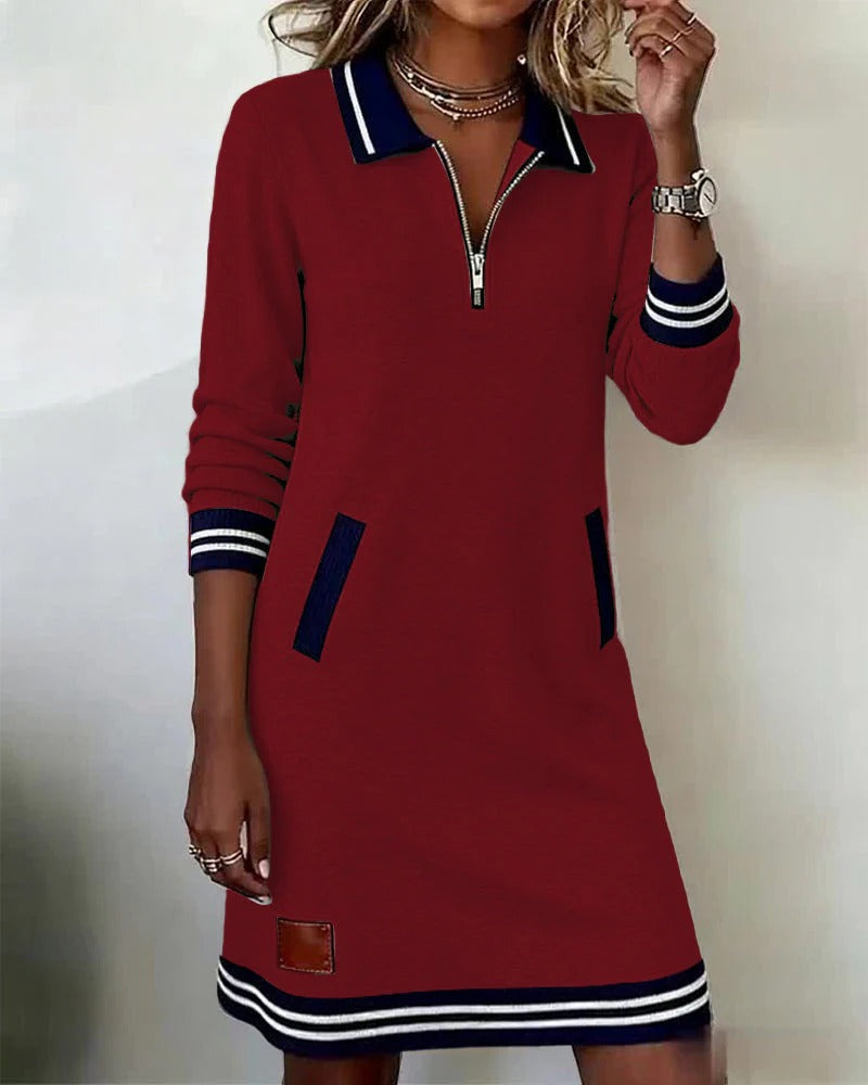 Women's knit mini dress with quarter-zip collar and pockets