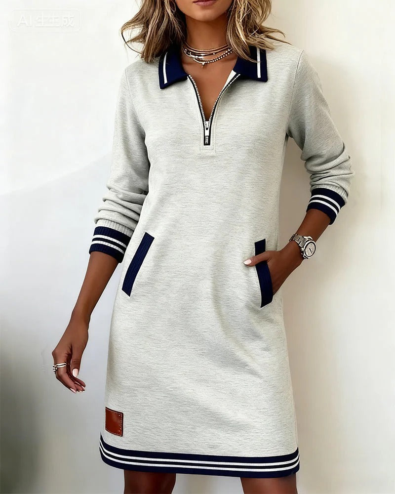 Women's knit mini dress with quarter-zip collar and pockets