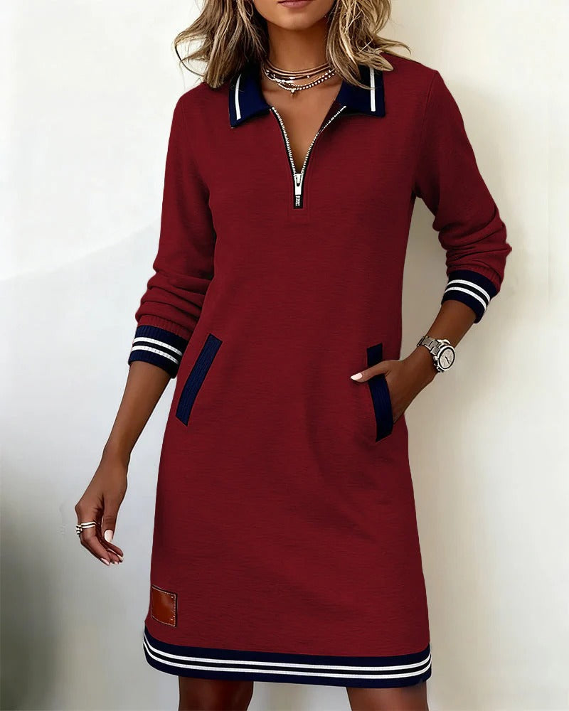 Women's knit mini dress with quarter-zip collar and pockets
