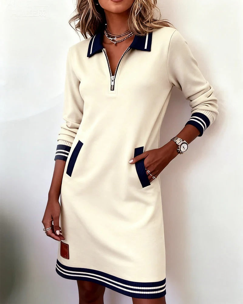 Women's knit mini dress with quarter-zip collar and pockets